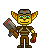 Pixelated character with yellow skin, green eyes, and large orange-yellow ears wearing a gray helmet with red stripe, brown striped shirt, brown pants, and brown boots holding a gray and red weapon.