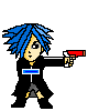 Pixel art character with blue spiky hair, black coat, and gray pants holding a pistol with changing colored barrels across frames.