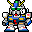 Pixelated mecha figure with blue, green, red, yellow, and white armor stands in a static pose against gray background.