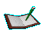 A green pencil with a pink eraser rests on an open notebook with brown covers and light gray pages, viewed from multiple angles