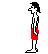 Pixelated cartoon character in red shorts stands on a watermelon slice, bending forward then upright while yellow liquid sprays from his mouth.