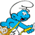 A pixelated cartoon Smurf character holding a yellow stick with a white star, standing next to green text reading "Original Icons .com" on a dark background.