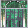 Animated sequence showing arched windows with green-tinted glass transitioning from dark silhouettes to bright light, followed by two black bat symbols on white backgrounds.