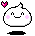 A 2x2 contact sheet of four pixel art frames showing a white, rounded character with pink cheeks and small black eyes in various poses, each frame featuring a separate floating pink heart icon on different sides.