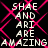 Pixelated text repeats 'SHAE AND ARI ARE AMAZING' over a black background with pink diamond-shaped lines, animated to shift position.