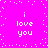 Bright pink background with white pixelated text "i love you" repeated four times in a , surrounded by scattered white dots