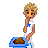 Pixel art character with blonde hair and blue star shirt holds blue bowl of brown food, with text 'EAT DOG FOOD!' on blue background.