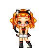 Pixel art character with orange curly hair, black cat ears, blue eyes, and a black outfit with white accents, shown in multiple poses with heart symbols and sparkles.