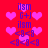 Red background with pink heart shapes and blue text elements including 'ilsm', 'G+J', '<8<8', and '<8<8<8' arranged in a pattern
