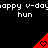 Black background with repeated white text 'happy v-day' and 'hun', red triangular icons containing pixelated hearts.