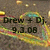 Animated icon with rainbow-colored heart outline, dark textured background, and floating golden rectangles; text 'Drew + Dj. 9.3.08' appears in top-left corner.