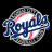 Two side-by-side pixelated images of the Kansas City Royals logo: left shows a baseball with red stitching and blue script text on black background; right displays white script text over large blue 'K' on solid blue background.