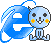 Pixelated blue character with yellow cheeks and black eyes sits beside a large blue 'e' symbol on gray background, showing subtle animation changes across frames.