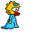 Pixelated cartoon character with spiky yellow hair and blue dress, holding red object in mouth, transitioning from standing to crawling poses on gray background.