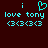 Cyan pixel art on dark red background shows 'i love tony' with heart symbol above first 'i', repeated three times below. The heart symbol is animated.