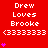 Red background with repeated white text 'Drew Loves Brooke' and '<3333333', pink heart symbols animate in vertical sequences.