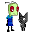 Green-skinned alien with red eyes and antennae stands beside a black cat-like creature, both in blue outfits against gray background.