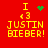 Red background with yellow text reading "I <3 JUSTIN BIEBER!" and green pixelated heart or star symbols changing across frames.
