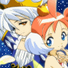 Two anime-style characters with distinct hair colors and expressions against a starry background.