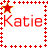 Red pixelated text 'Katie' appears in four quadrants of a white background, bordered by red plus signs and stars with smiley faces and hearts.