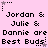 Pixelated text on pink background with animated star and dot patterns, showing 'Jordan & Julie & Dannie are Best Buds' in black font.
