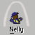 Pixelated character in blue cap and jacket with yellow accents stands under white arch, name "Nelly" below.