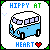 Pixel art icon featuring a blue and white van with purple-tinted windows, surrounded by text elements including "HIPPY AT" at top and "HEART" below with a red heart symbol.