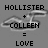 Pixelated grayscale image with text 'HOLLISTER + COLLEEN = LOVE' over abstract swirling shapes.