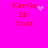 A bright pink background displays four identical 'Kerrie Is Cool' text blocks with red pixelated letters, each featuring a different animated symbol next to the name.