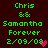 Green pixelated text on dark background reads Chris && Samantha Forever 2/09/08 with a pink heart symbol, displayed in two identical vertical
