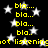 Black background with white stars and yellow text reading 'bla...' repeated, plus partial phrases 'not listening' and 'got listening'.