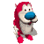 Pixelated cartoon character with red fur, blue nose, and white face in multiple poses against gray background.
