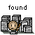 Pixel art icon of a round-faced character with a neutral expression holding a pencil, standing before stacked documents, with text labels above and below.