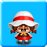 Pixel art character with brown pigtails, white hat with red band, red dress, and black shoes on blue background; four views show head turning left to right and back.