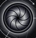 Animated contact sheet showing 8 sequential frames of a circular camera aperture icon transforming into an @ symbol with glowing effects.