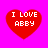 Four red heart shapes on a bright pink background, each containing white pixelated text reading "I LOVE ABBY" in two lines.