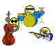 Four identical pixel-art scenes show yellow smiley faces playing instruments: cello, drums, and electric guitar against a gray background.