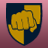 Pixelated golden fist icon on dark blue shield with pink gradient background, static image.