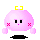 Pixelated pink character with yellow bow, black shadow base, and red X cheeks in four animation states showing eye and limb changes.