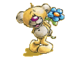 Two cartoon bears holding blue flowers with orange centers, one standing still and the other in a dynamic pose.
