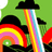 Pixelated rainbow with black cloud emitting vertical beam over green background, red and yellow curved arc on left.