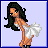 Pixel art of a woman with long black hair in a white dress, bending forward against a light purple background with text below.