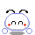Pixelated character with white rounded head, black antennae, red cheek marks, and blue outline; text 'good!!' below; two variations of hand gestures and facial expressions.