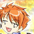 Pixelated anime-style character with orange hair, closed eyes, and a pink mouth against a yellow background.