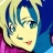 Pixelated anime-style character face with blue hair and yellow background, static single-frame icon.