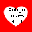 Four identical heart-shaped icons with white fill and black text on a solid red background, each displaying "Robyn Loves Matt" in pixelated font.