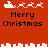 Red background with white pixelated Santa sleigh and reindeer icons above black text reading "Merry Christmas" in two , arranged in a