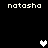 Pixelated text 'natasha' appears in four positions around a central heart symbol on a black background, with two hearts changing from white to gray.