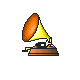 A 4-frame animated contact sheet showing a pixelated gramophone with an orange horn and yellow cone, displaying motion through frame-to-frame changes in the horn's position and sound lines.