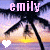 A beach sunset scene with palm trees and a yellow-orange sun, featuring the name 'emily' in pink and white text above each heart symbol.
